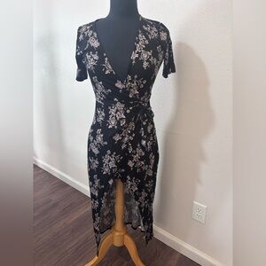 Forever 21 Black Wrap Midi Dress with Cream Floral Print